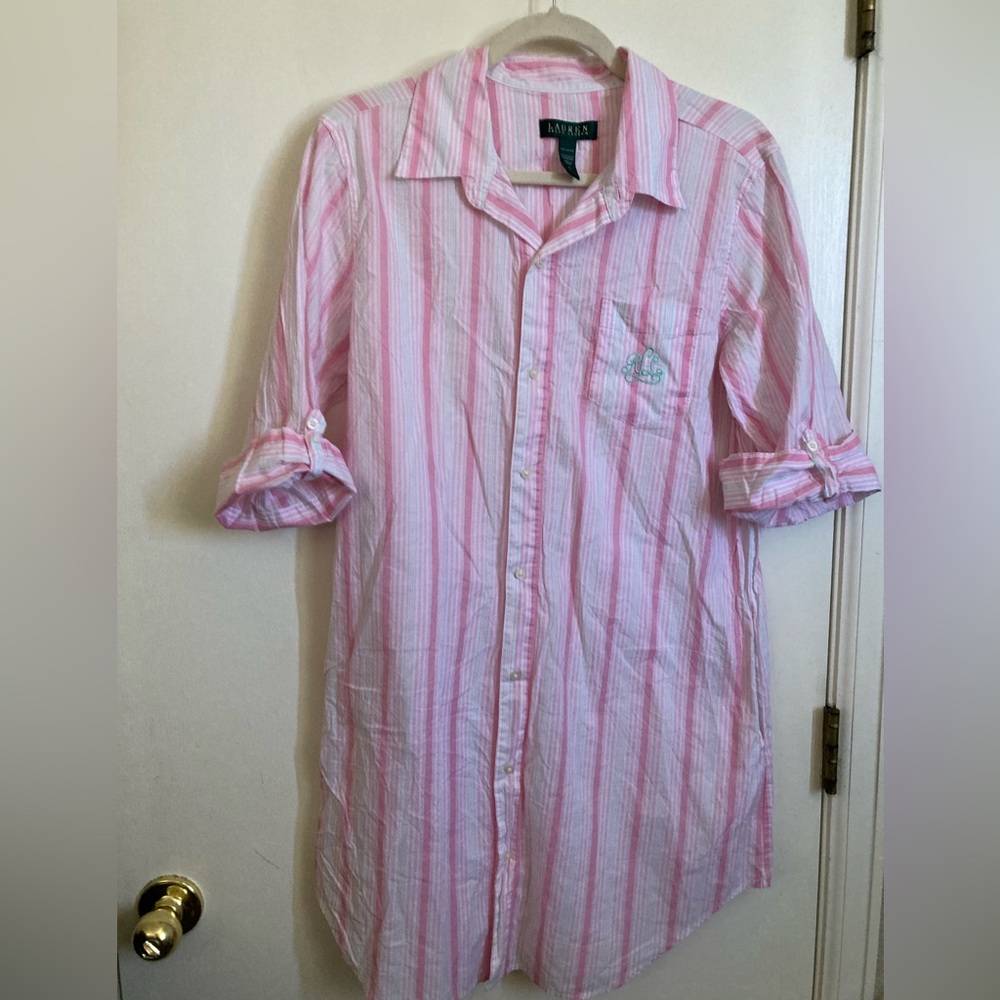 *Lauren Ralph Lauren Pink Striped 3/4 Sleeve Sleep Shirt Dress #IR